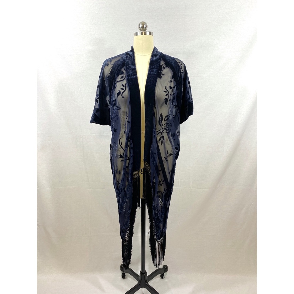 Velvet navy burnout kimono with fringe